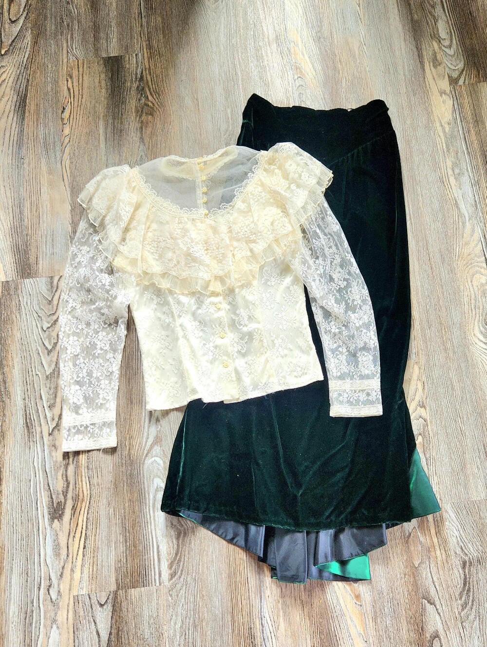 Vintage Jessica Mcclintock Lace Blouse Velvet Maxi Skirt Set Womens 11-12 1980s
